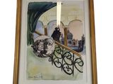 aquarelle encadrée représentant un homme sur un balcon avec vue sur la ville