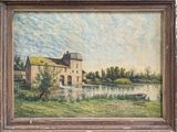 une peinture à l'huile représentant une maison au bord d'un lac, avec un bateau au premier plan