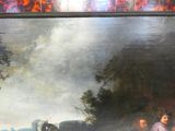 un tableau représentant un homme et une femme assis sur un banc devant une calèche