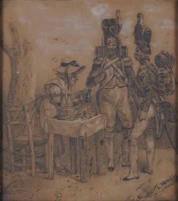 dessin représentant un groupe de soldats debout autour d'une table recouverte d'une nappe