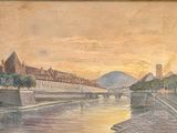 a painting of a bridge over a river with buildings in the background