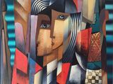 peinture abstraite représentant une femme portant un chapeau et une écharpe rayée