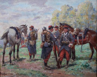 painting of a group of men in uniform standing next to a horse