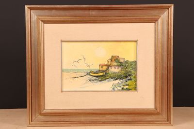 painting of a boat on a beach with a house in the background