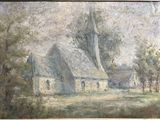 une vieille peinture représentant une église dans un champ, avec des arbres en arrière-plan