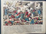 an old book with a picture of a battle in the middle of it