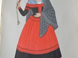 an old book with a drawing of a woman in a red dress holding a bird