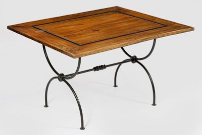 wrought iron and wood table with a square top on a white background