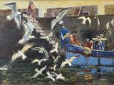 painting of a group of seagulls flying over a boat in the water
