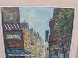 a painting of a city street with people walking down it