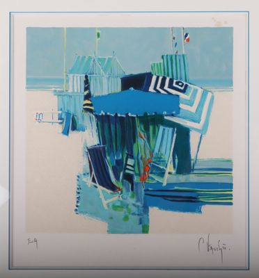 a picture of a painting of beach chairs and umbrellas on the beach