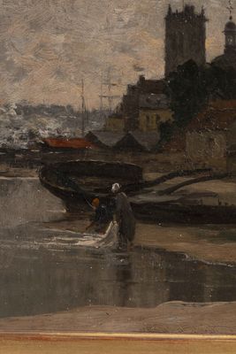 a painting of a man standing in the water by a boat