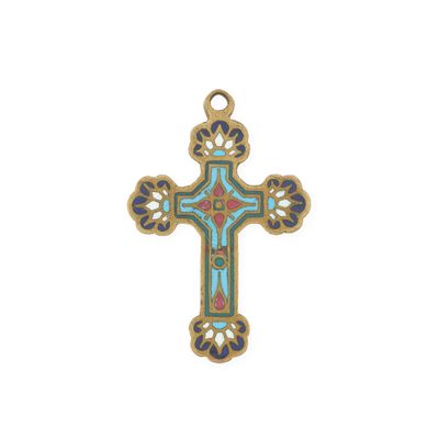 un pendentif en forme de croix en or orné d'une croix multicolore