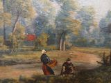 a painting of a woman and a child walking in a field