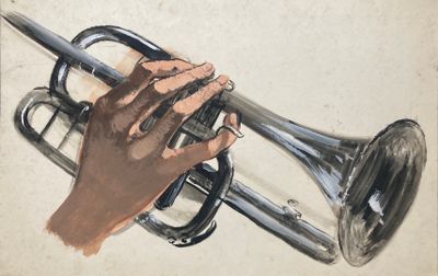 peinture représentant une main tenant une trompette, dans un style de dessin