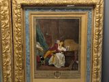 two framed paintings of a woman sitting on a chair and a man standing next to her