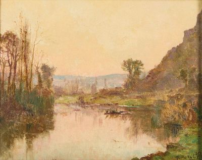 l'image d'une peinture représentant une rivière avec un bateau dans l'eau