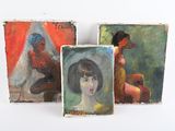 trois tableaux représentant une femme et un homme sur fond blanc