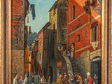an oil painting of a street scene with people and buildings