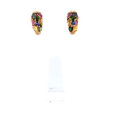 une paire de boucles d'oreilles multicolores exposées sur un fond blanc