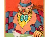 un tableau représentant un clown avec un chat sur la table