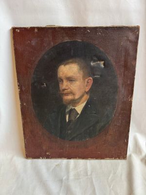 an old painting of a man in a suit and tie on a white background