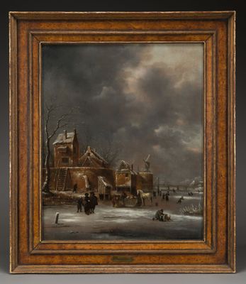a painting of a winter scene with figures on a frozen river