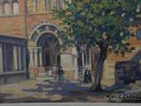 a painting of a building with a tree in front of it