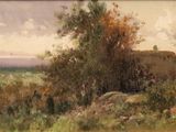 peinture représentant un tableau représentant un champ avec des arbres et des rochers