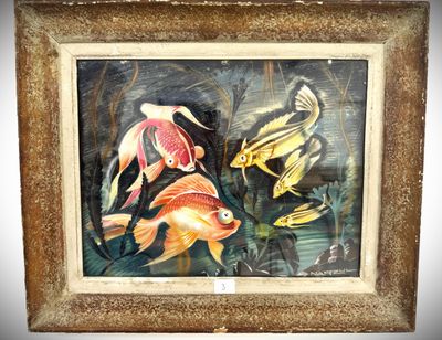 a painting of a group of fish swimming in a pond