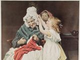painting of an old woman helping a young girl sew a hat