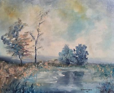 an oil painting of a river with trees in the foreground
