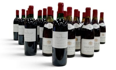 des bouteilles de vin rouge alignées en rang sur une surface blanche