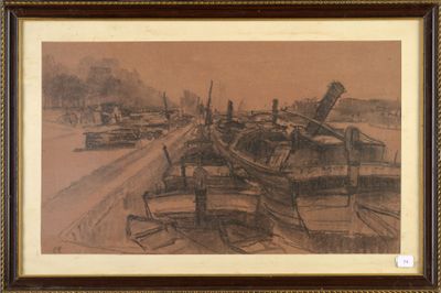 drawing of a boat in a harbor with other boats in the background