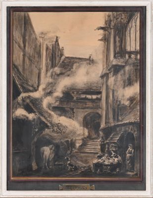 an image of a painting of a street scene with a horse and carriage in the foreground