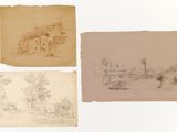 four sketches of a house, a garden, and a garden