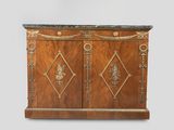 an old wooden cabinet with a marble top and two doors