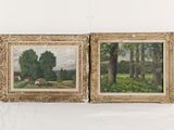 une paire de tableaux représentant un paysage champêtre avec des vaches dans un pré