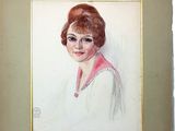 painting of a woman in a white dress with a pink collar