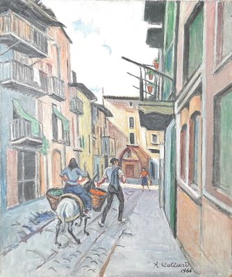 painting of a man riding a horse down a street next to a building