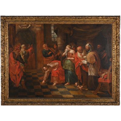 une peinture à l'huile représentant un groupe de personnes dans une pièce