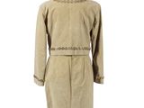 the back view of a beige coat with a belt and buttons on it