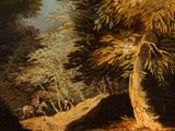 a painting of a man riding a horse in a wooded area