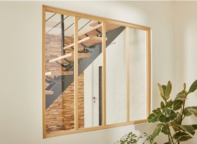 Verrière Atelier fixe 4 carreaux en bois brut, H.108.9 x l.1…