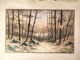 painting of a wooded scene with rocks and trees in the foreground