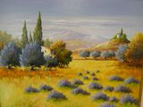 an oil painting of a field of lavenders with a house in the distance