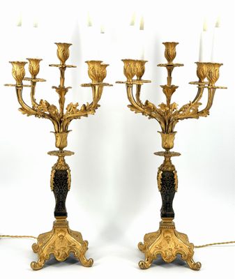 Paire de candélabre en bronze ciselé doré à cinq bras de lum…