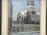 tableau représentant une église en hiver, avec de la neige au sol
