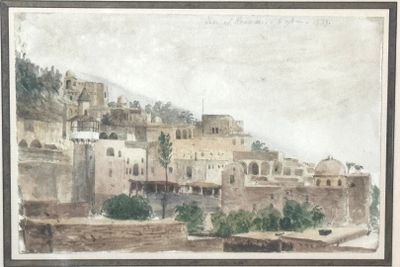 a picture of a painting of a town on a hill