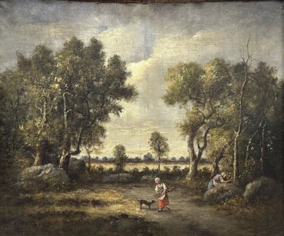 an image of a painting of a woman with a dog in a wooded area